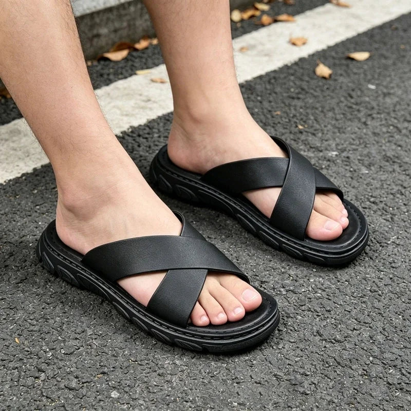 Men's Faux Leather Thick Sole Open Toe Beach Sandals Men's Beach Sandals P3