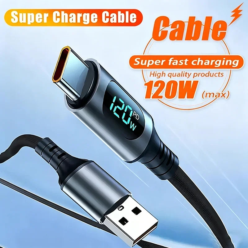 120W USB-C Fast Charging Cable Nylon Braided LED Display USB-C Charging Cable P3