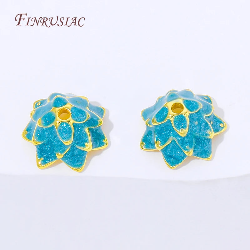 18K Gold Plated Blue Enamel Lotus Bead Caps | Brass Flower Spacer Jewelry Bead Caps P3