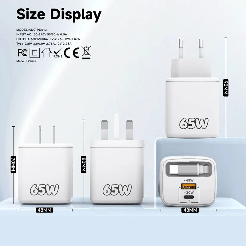 65W Multi-Port Fast Charger with 70cm Cable | EU US UK Multi-Port Fast Charger P3