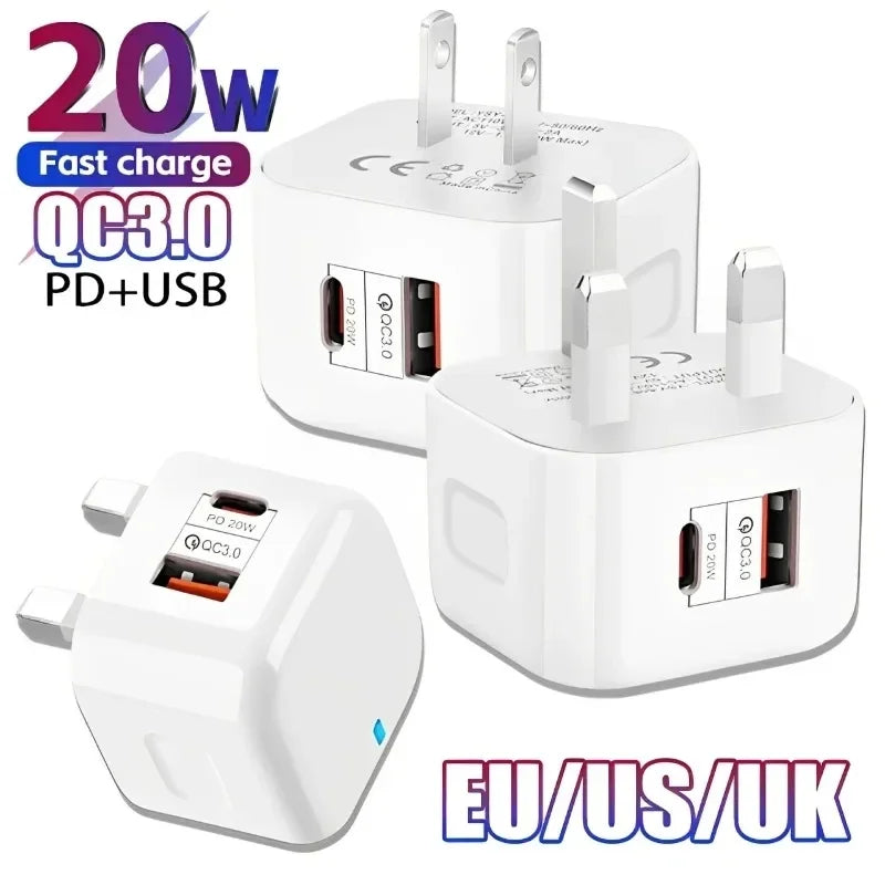 20W Dual Port USB-C PD Fast Wall Charger – EU/US/UK Plug Wall Charger Adapter P3