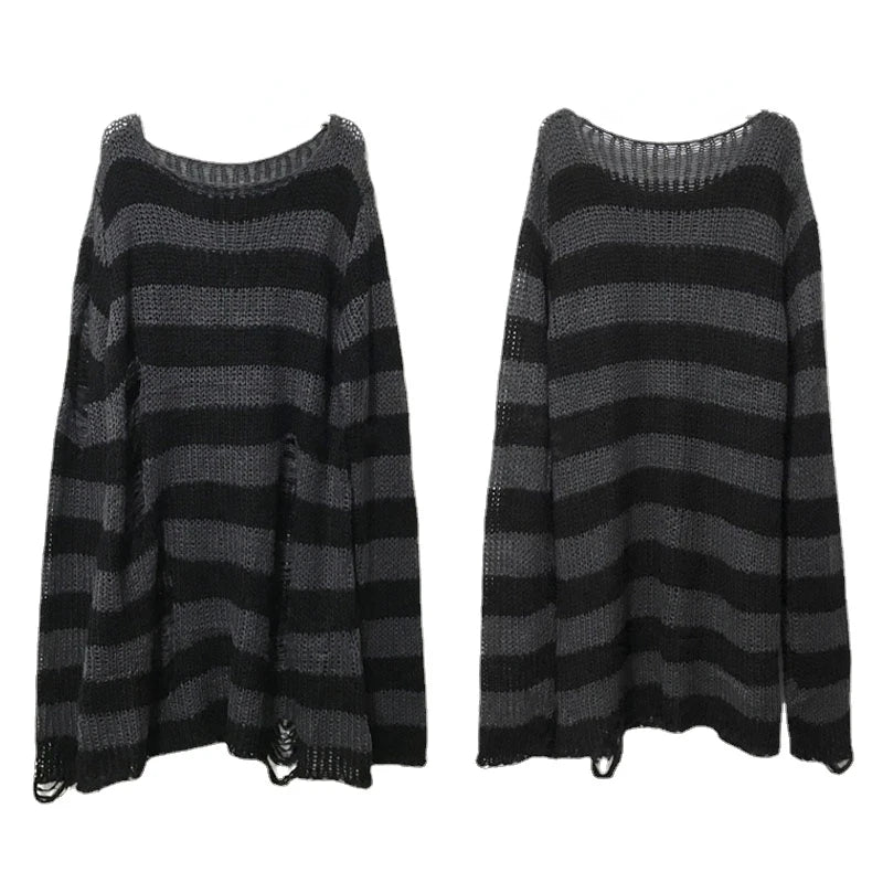 PTKPCC Punk Gothic Striped Hollow Knit Sweater | Unisex Knit Sweater P3