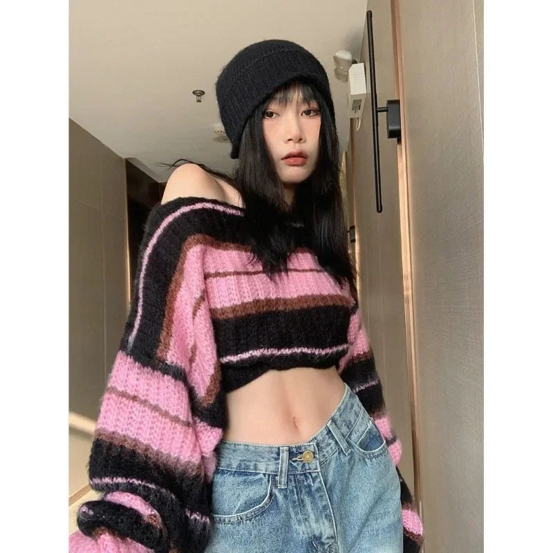 PTKPCC Y2K Pink Striped Cropped Sweater | Korean Knit Pullover Cropped Knit Sweater P3