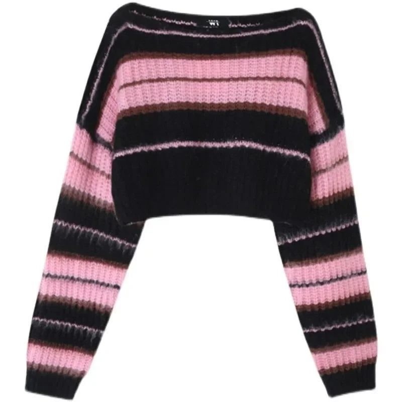 PTKPCC Y2K Pink Striped Cropped Sweater | Korean Knit Pullover Cropped Knit Sweater P3
