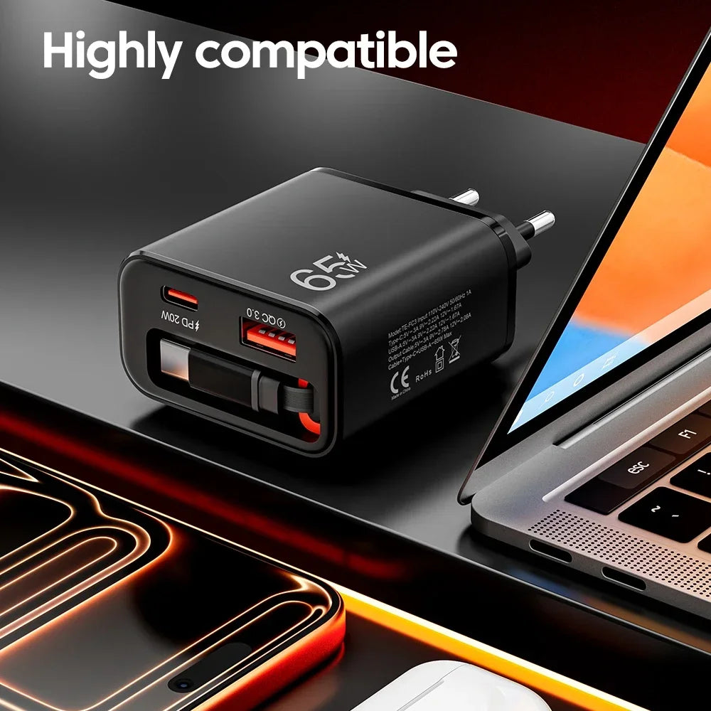 65W USB PD & QC 3.0 Wall Charger with Retractable Type-C Cable USB Wall Charger P3
