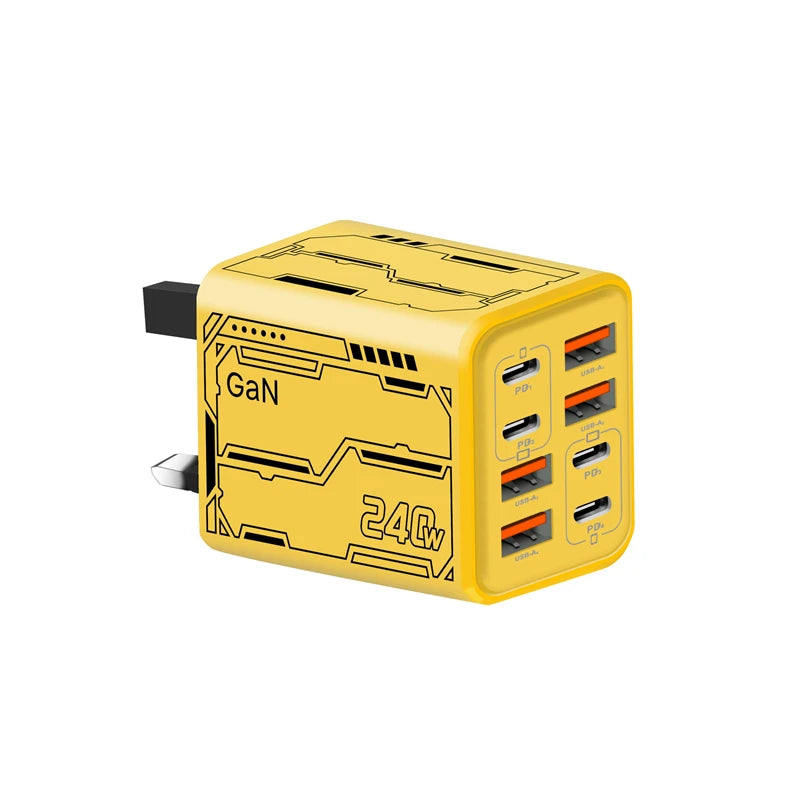 8-in-1 GaN 240W Desktop Charger | 4PD 4USB Fast Charging Multi-Port GaN Charger P3 Yellow-UK