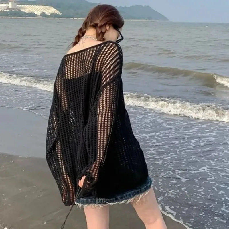 PTKPCC Women's Hollow-Out Loose Knit Pullover Sweater | Summer Knit Pullover Sweater P3
