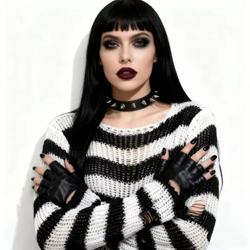 Women's Punk Gothic Oversized Striped Hollow Knit Sweater Knit Pullover Sweater P3