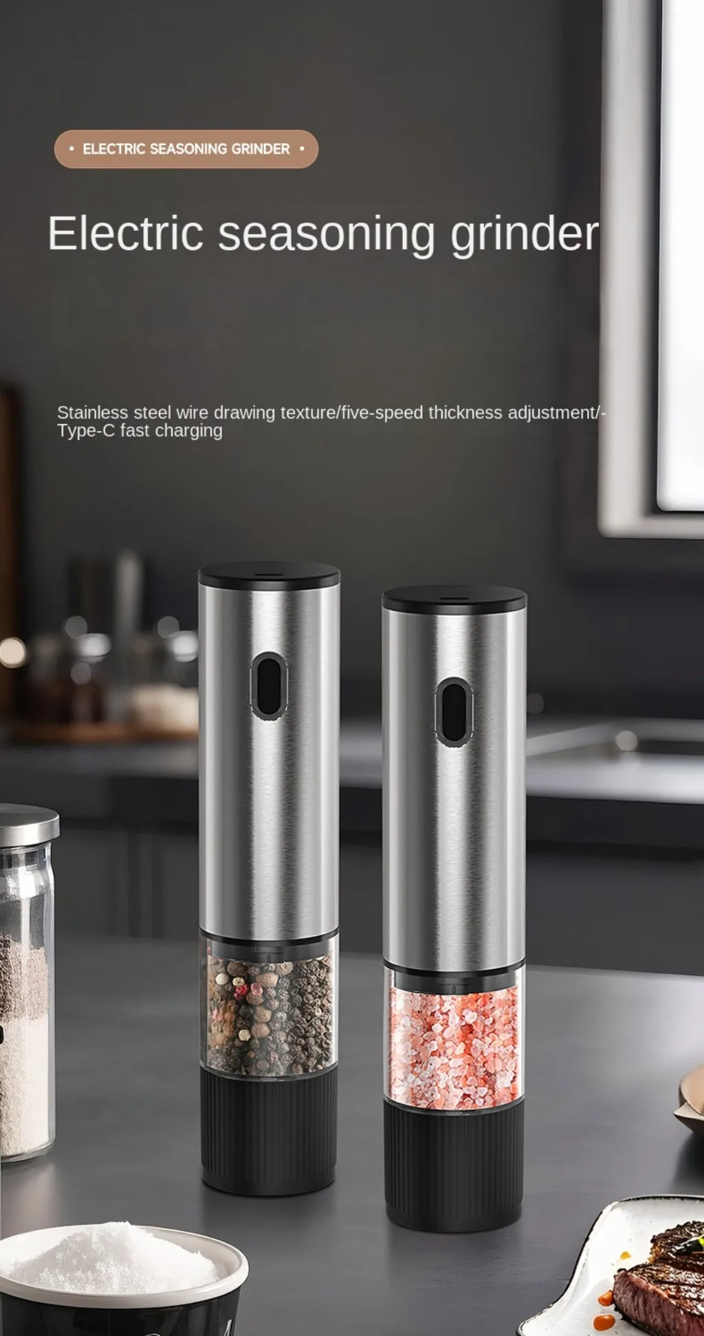 CLITON Electric Salt & Pepper Grinder – Rechargeable Mill Set Electric Pepper Mill P3