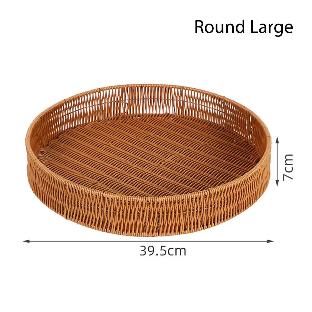 Handwoven Plastic Rattan Storage Tray – Fruit & Bread Basket Woven Storage Basket P3 Round Large