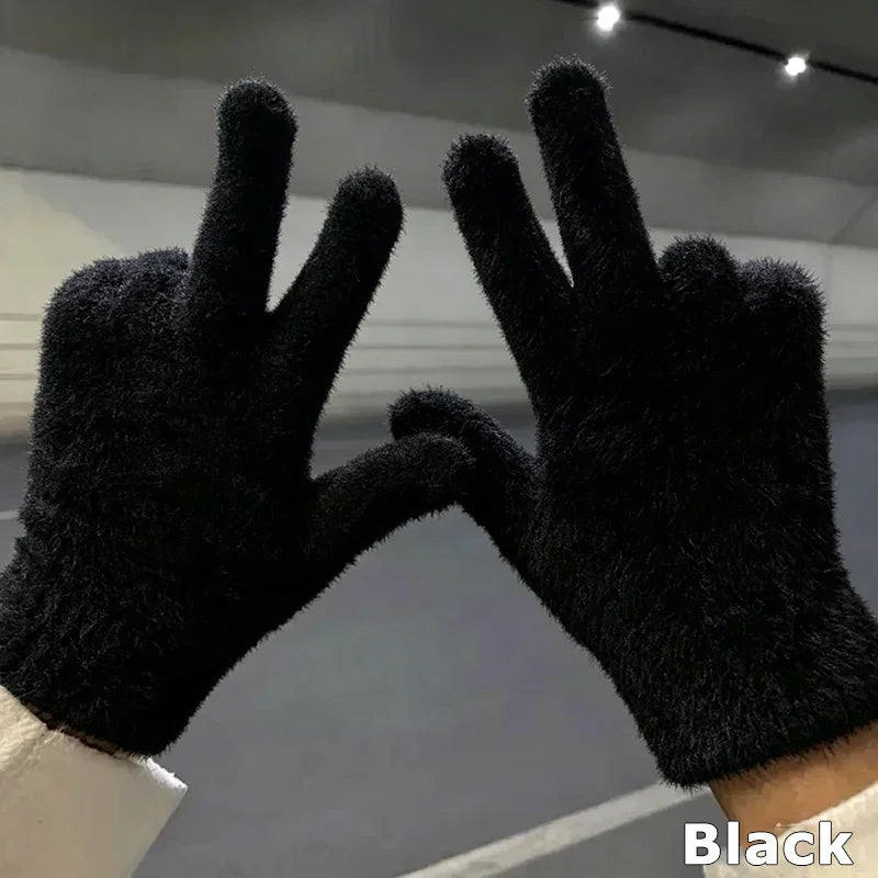 Faux Mink Fur Plush Winter Gloves – Unisex Warm Knit Outdoor Winter Plush Gloves P3 Black