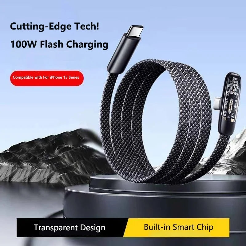 100W USB-C Right-Angle Fast Charge Cable 6A Braided – Samsung iPad USB-C Charging Cable P3