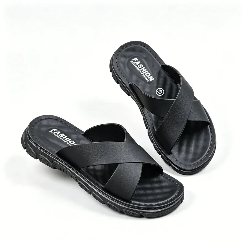 Men's Faux Leather Thick Sole Open Toe Beach Sandals Men's Beach Sandals P3 Black 42