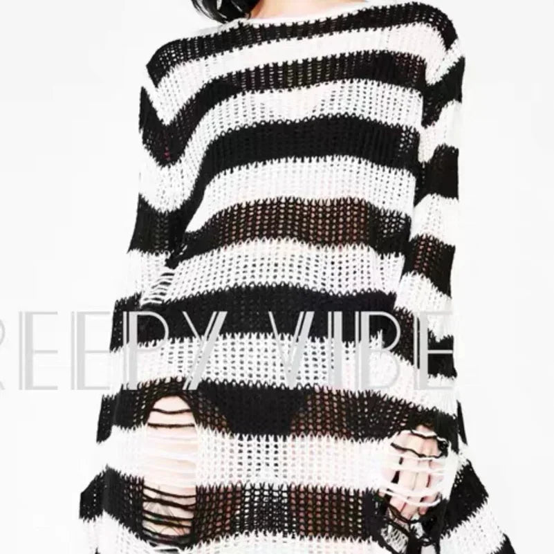 Punk Gothic Striped Hollow-Out Knit Sweater | Loose Unisex Knit Pullover Sweater P3