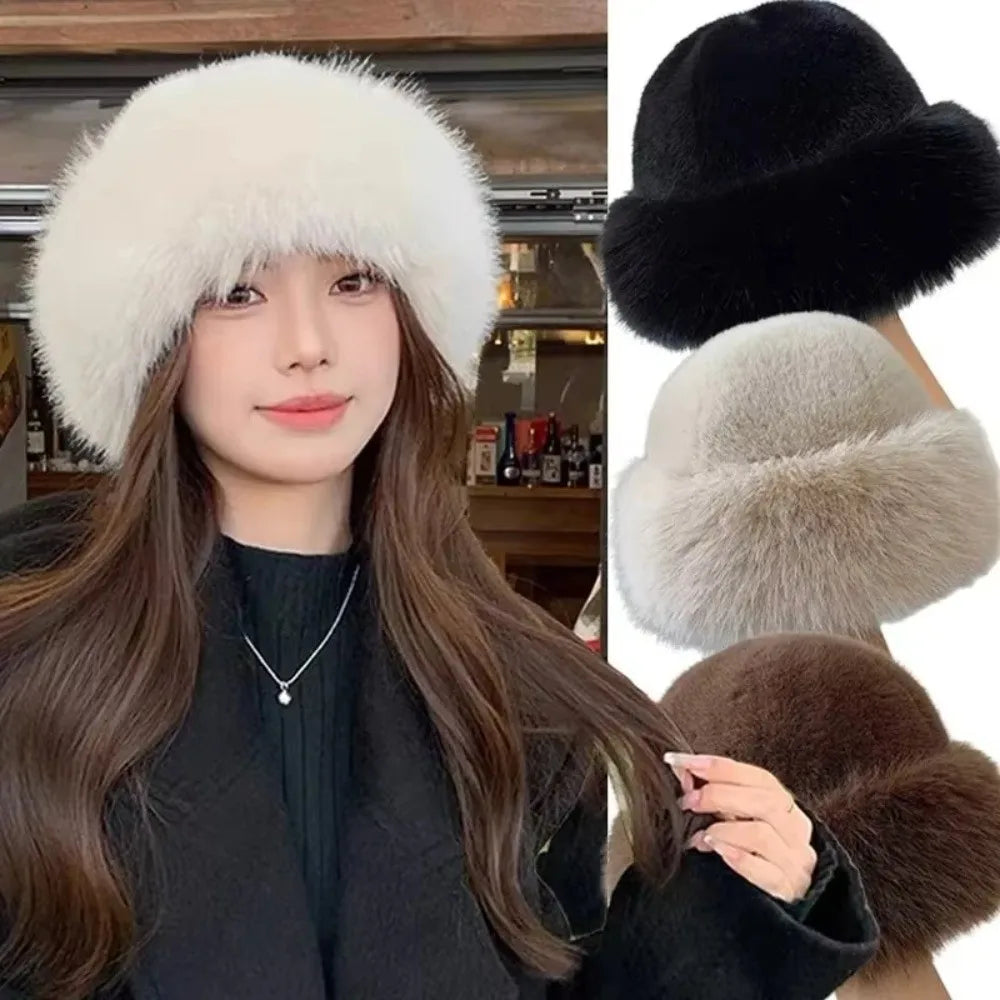 Fluffy Faux Fur Winter Hat – Plush Fisherman Panama Cap Winter Fur Hat P3