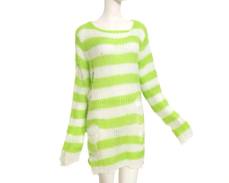 Women's Oversized Striped Hollow-Out Punk Knit Pullover Sweater Knit Pullover Sweater P3 Light White Green One Size