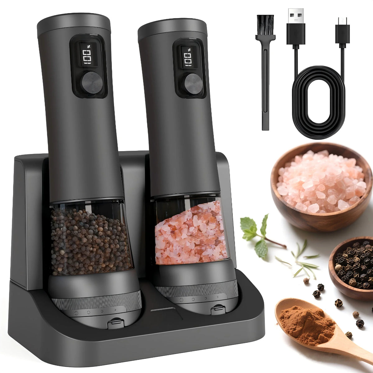 CLITON Electric Salt & Pepper Grinder Set with LED – 2 Pack Electric Spice Grinder P3