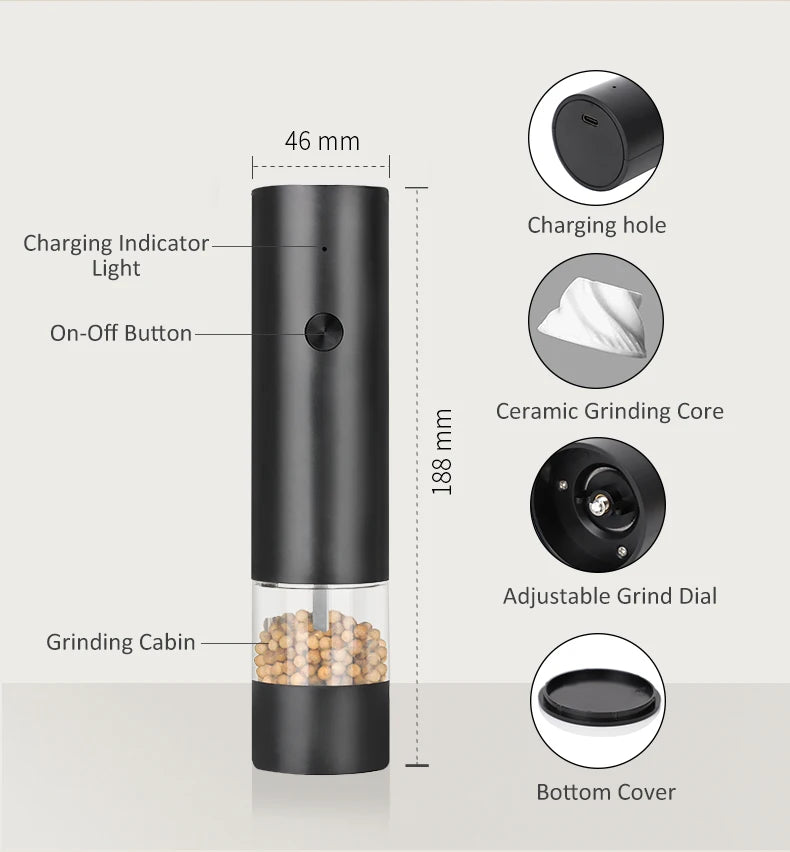 CLITON USB Rechargeable Automatic Salt & Pepper Grinder Mill Electric Spice Grinder P3