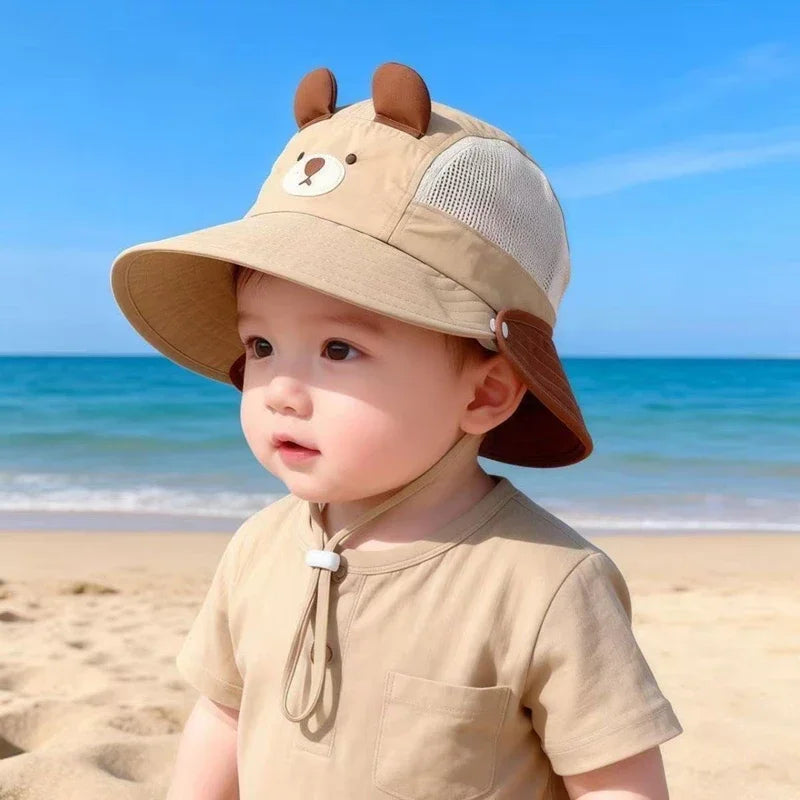 Baby Wide Brim Sun Hat – Cartoon Bear Ear UV Cap for Toddlers Baby Sun Hat P3 Khaki