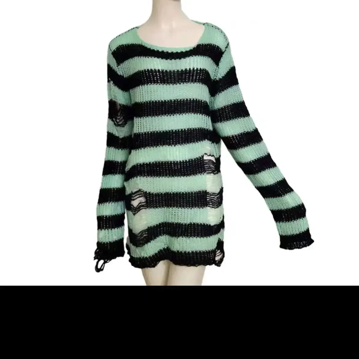 PTKPCC Women's Punk Gothic Oversized Striped Hollow Knit Sweater Knit Pullover Sweater P3 Bohe Green One Size