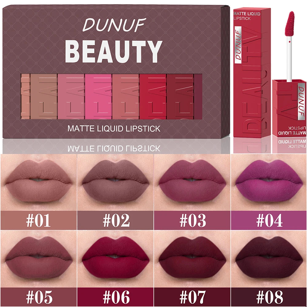 DUNUF Matte Lip Gloss 8pc Set – Waterproof Long-Lasting Lipstick Matte Lipstick Set P3 DLR