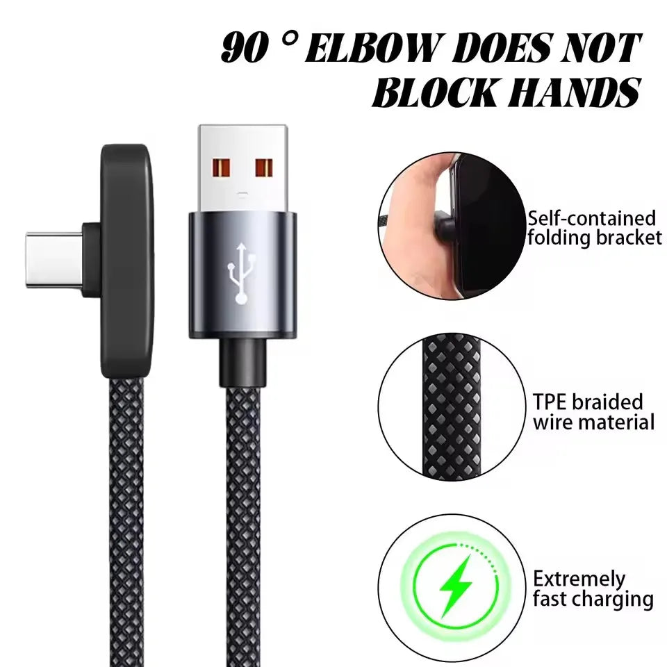 100W USB-C 90° Elbow Fast Charging Cable | 6A PD Game Cable USB-C Charging Cable P3