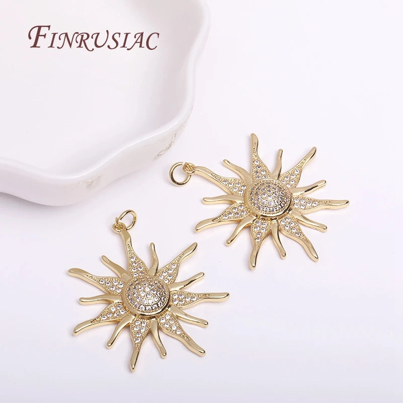 18K Gold Plated Brass Sunflower Charm with Zircon – 33mm DIY Jewelry Pendant Charm P3