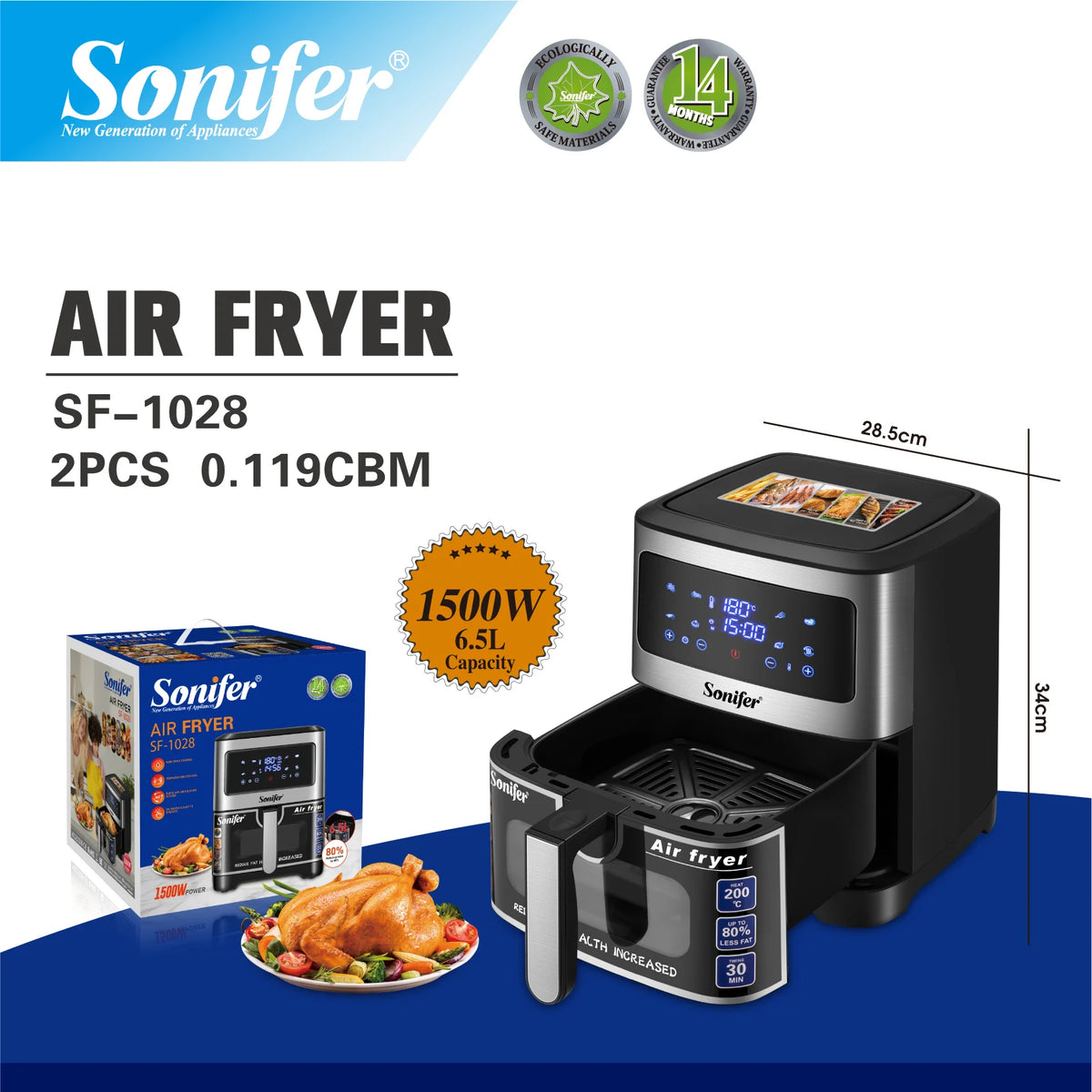 Sonifer SF-1028 6.5L Digital Air Fryer 1450W Non-Stick LED Digital Air Fryer P3