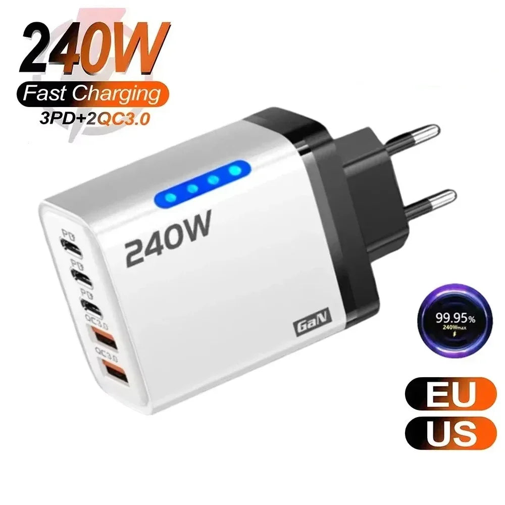 5-in-1 240W GaN Fast Charger | 2 USB + 3 USB-C Multi-Port Multi-Port GaN Charger P3
