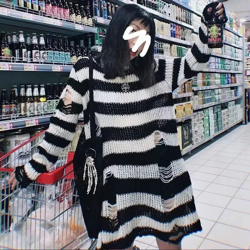 Women's Oversized Striped Hollow-Out Punk Knit Pullover Sweater Knit Pullover Sweater P3