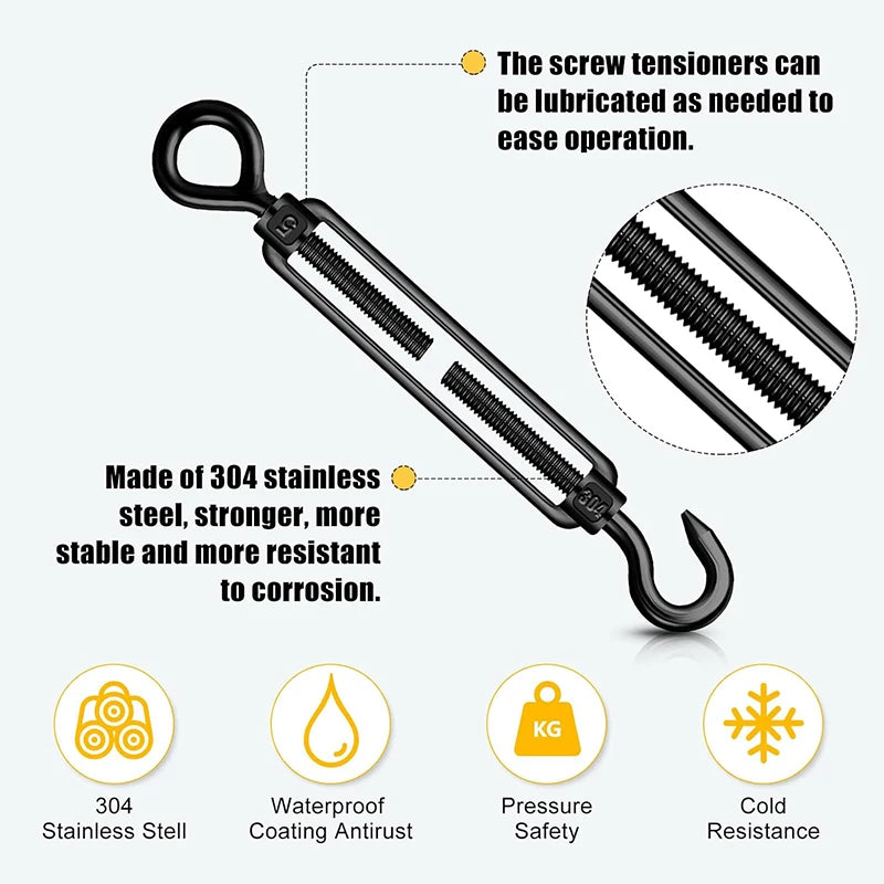 Black Stainless Steel Hook & Eye Turnbuckle Wire Tensioner M4–M8 Wire Turnbuckle Tensioner P3