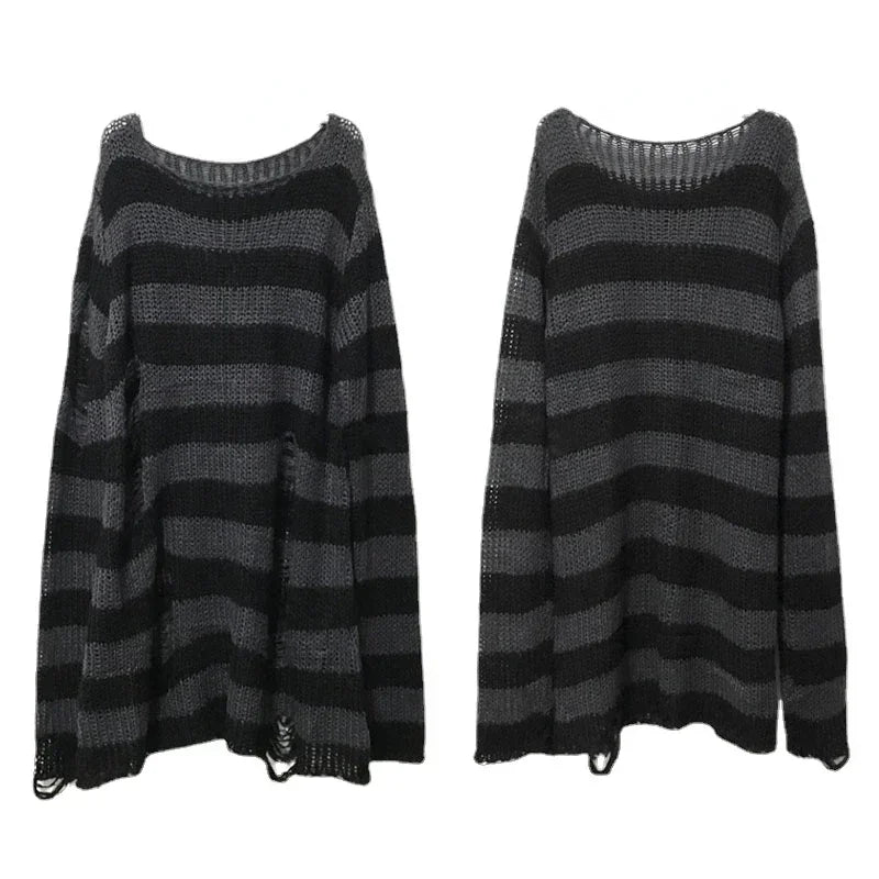 Punk Gothic Striped Hollow-Out Knit Sweater | Loose Unisex Jumper Knit Pullover Sweater P3