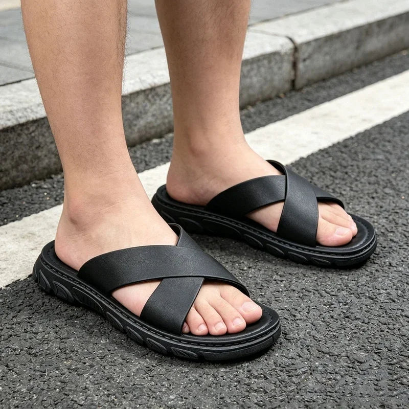 Men's Faux Leather Thick Sole Open Toe Beach Sandals Men's Beach Sandals P3