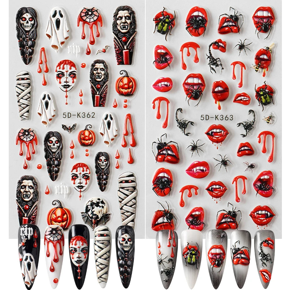 Halloween 3D Nail Art Stickers – Ghost Pumpkin Spider 2 Sheets Nail Art Stickers P3 2pcs 5D-K362-363