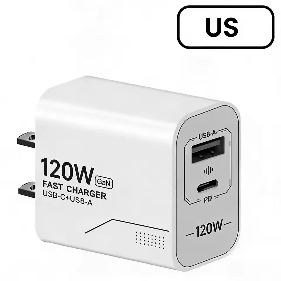 120W GaN 2-Port Fast Charger – USB-C & USB-A Wall Adapter GaN Wall Charger P3 US