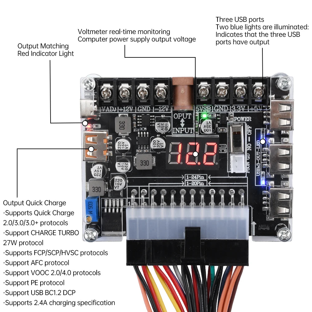 ATX 20/24-Pin Power Adapter Board – LED Voltage Display Module ATX Power Adapter P3