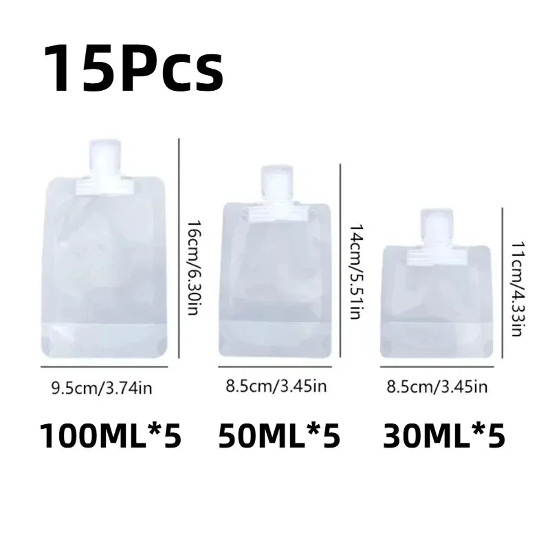 15-Pack Refillable Travel Squeeze Pouches – Shampoo & Lotion Travel Toiletry Pouches P3 15Pcs