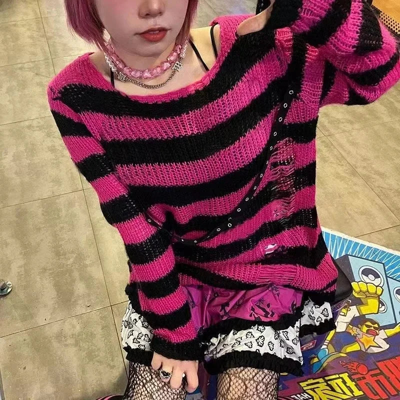 PTKPCC Women's Punk Gothic Oversized Striped Hollow Knit Sweater Knit Pullover Sweater P3