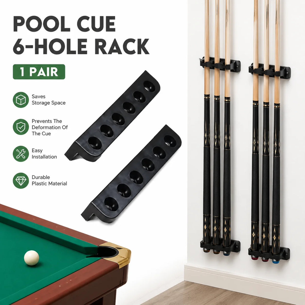 Wall-Mounted Pool Cue Holder – 6-Slot Billiard Cue Rack Pair Billiard Cue Rack P3