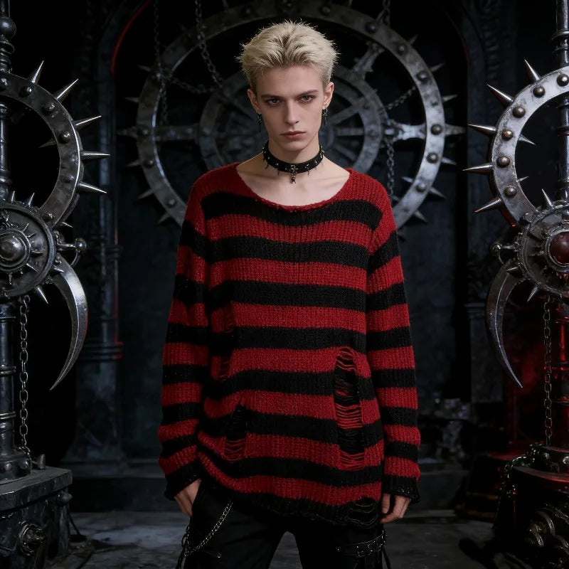 Women's Oversized Striped Hollow Knit Sweater | Punk Gothic Knit Pullover Sweater P3