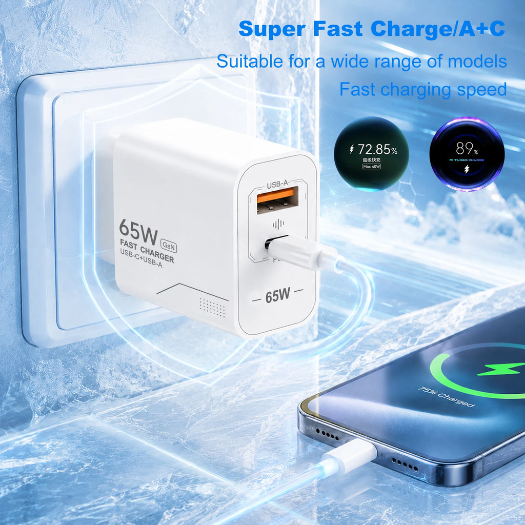 65W GaN 2-Port USB-C Fast Charger Wall Adapter EU/US Plug GaN Wall Charger P3