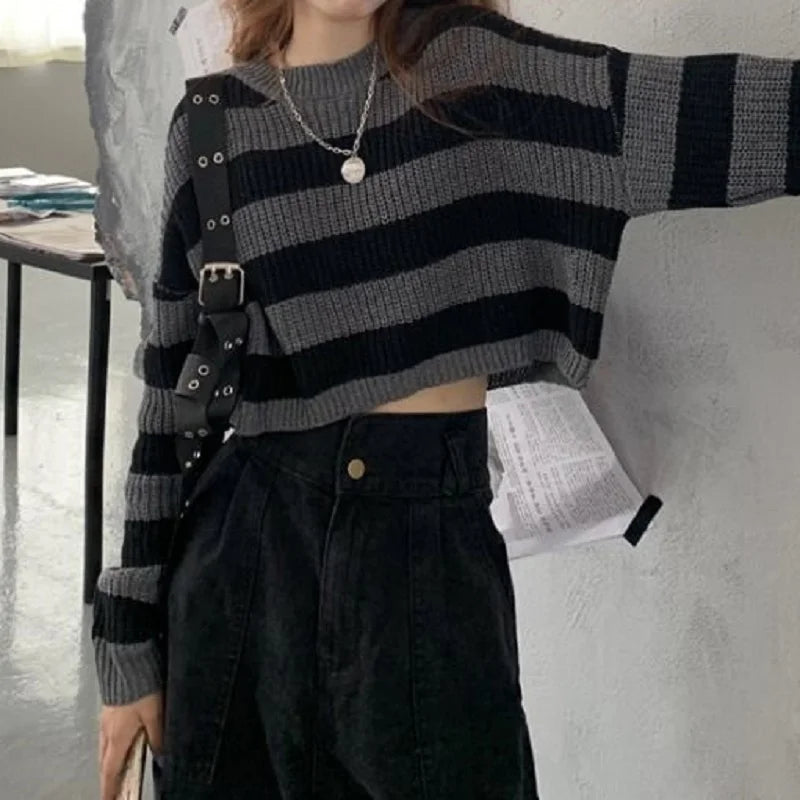 PTKPCC Korean Striped Cropped Knit Sweater | Oversized Pullover Cropped Knit Sweater P3