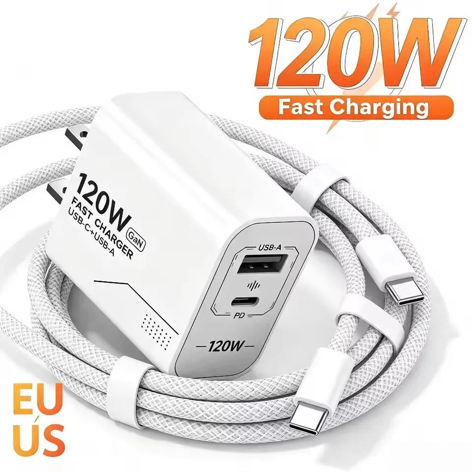 120W GaN 2-Port USB-C Fast Charging Wall Charger US/EU Plug GaN Wall Charger P3