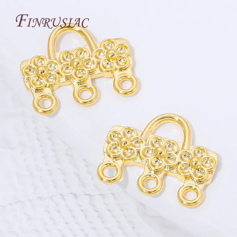 18K Gold Plated Flower 3-Loop Earring Connector Charm | Brass Earring Connector Charm P3