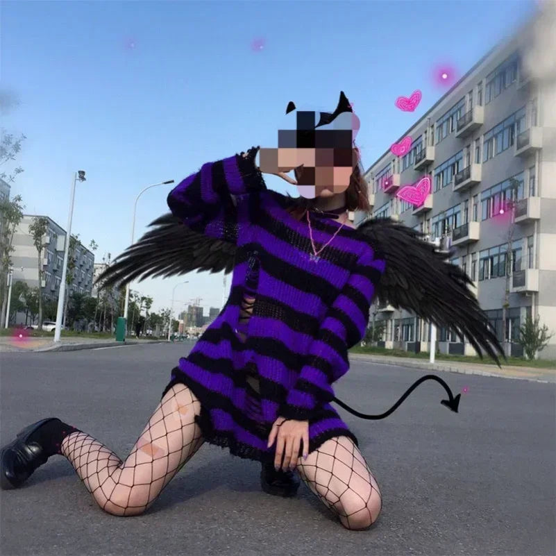 Punk Gothic Striped Hollow-Out Knit Sweater | Loose Unisex Knit Pullover Sweater P3