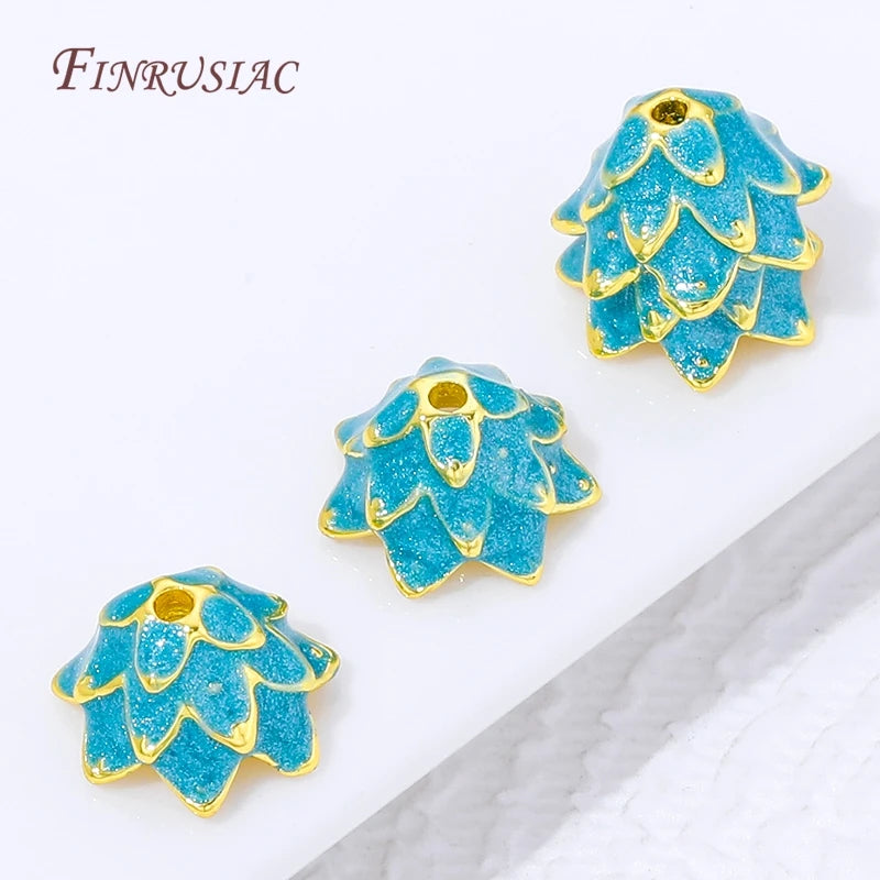 18K Gold Plated Blue Enamel Lotus Bead Caps | Brass Flower Spacer Jewelry Bead Caps P3
