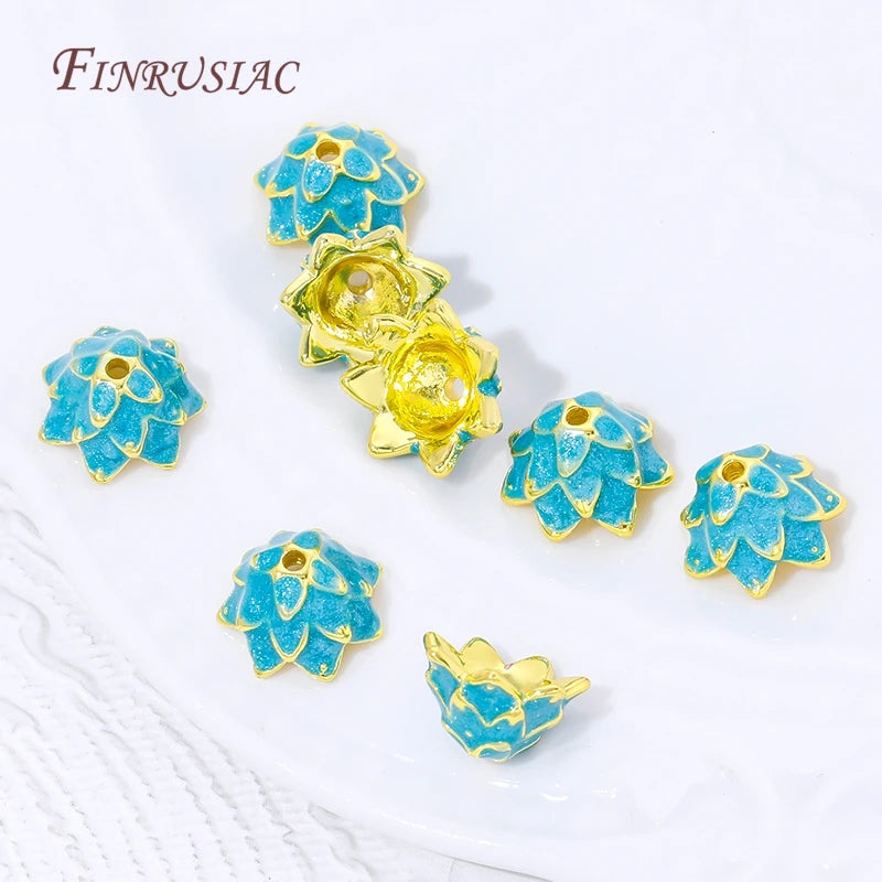 18K Gold Plated Blue Enamel Lotus Bead Caps | Brass Flower Spacer Jewelry Bead Caps P3