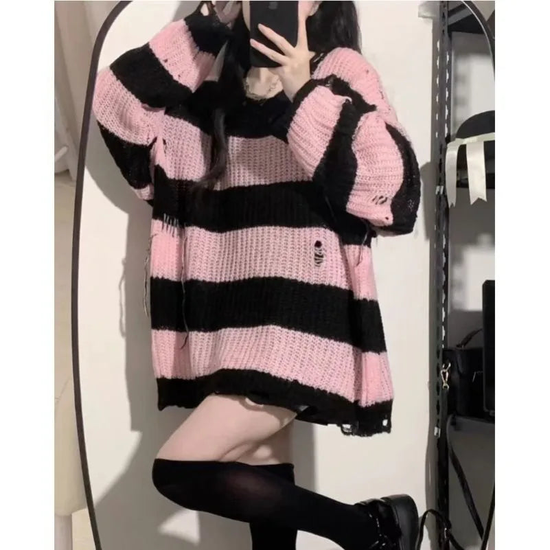 PTKPCC Women's Loose Striped Knit Pullover Sweater | Black Pink Knit Pullover Sweater P3