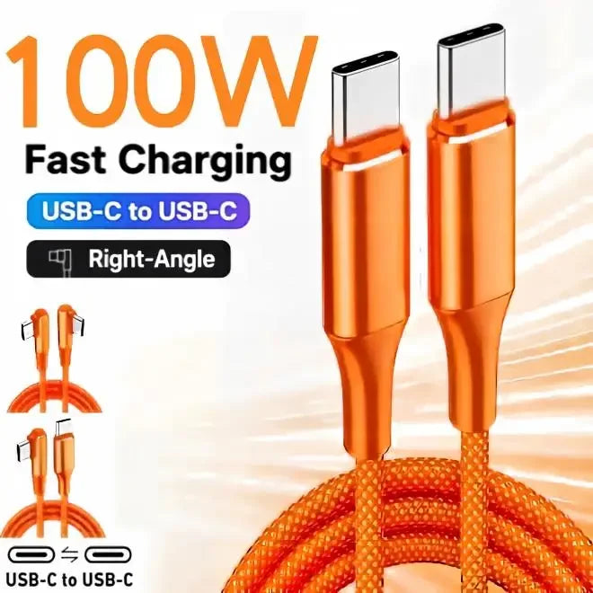 100W 90-Degree USB-C to USB-C Fast Charging Cable Orange USB-C Charging Cable P3