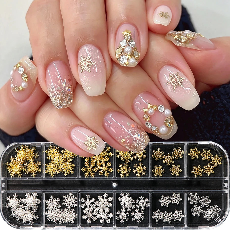 Metallic Snowflake Nail Charms 12 Grids – Gold & Silver Winter Nail Art Charms P3